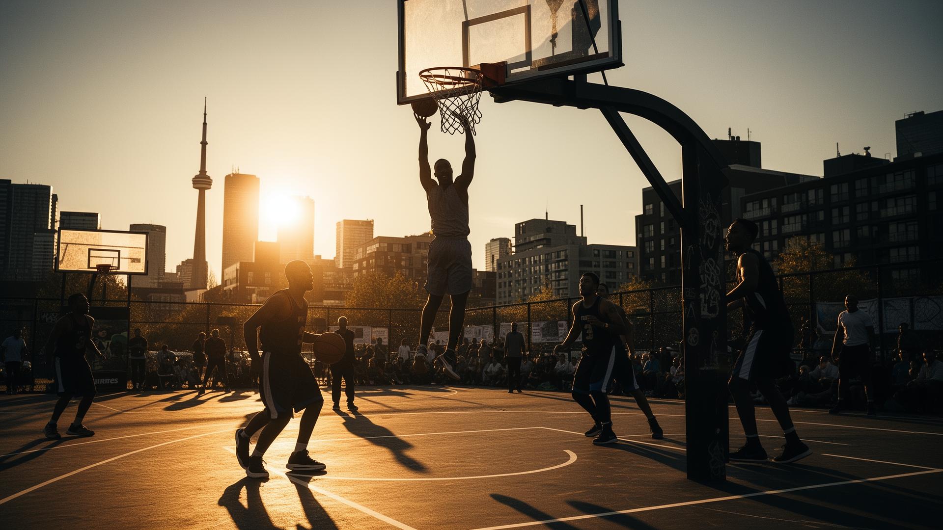 3x3 basketball game at sunset